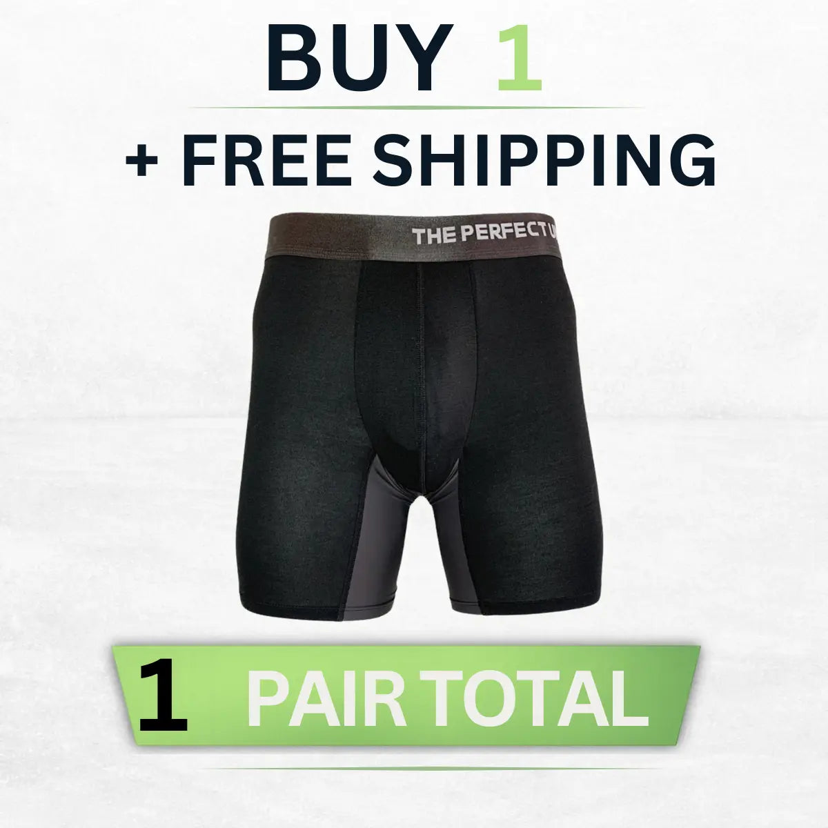 The Perfect Underwear bamboo boxer briefs in black, showing a single pair on a clean background with a buy one free shipping offer.